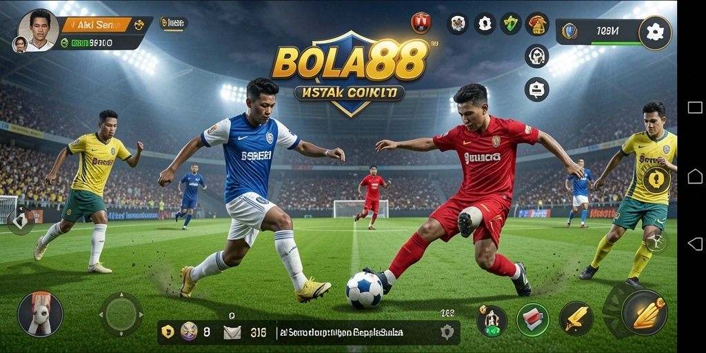 Screenshot menampilkan aksi seru pertandingan sepak bola di BOLA88.