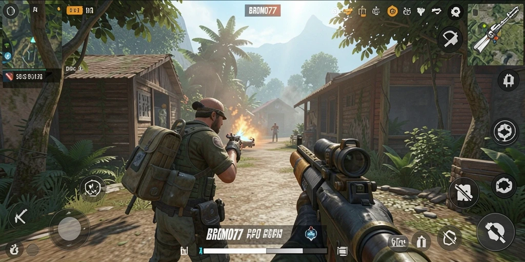 Screenshot utama BROMO77 menampilkan aksi tembak-menembak yang intens.