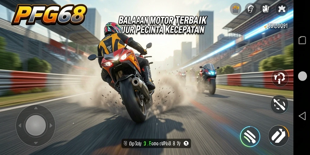 Screenshot PGG68 menampilkan aksi balapan motor yang mendebarkan.
